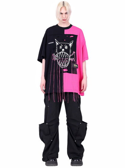 PINKSPINK2024/SS Cat Demon T-Shirt Original schwarz rosa Panels geschlechtslos lose Straße Y2K kurze Ärmel