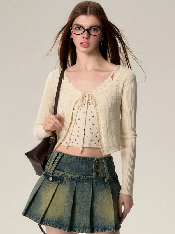 cut-out lace long sleeve cropped top