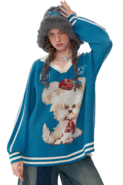 ziziFei autumn and winter American retro design sense poloV neck blue soft glutinous lazy sports style dog sweater women