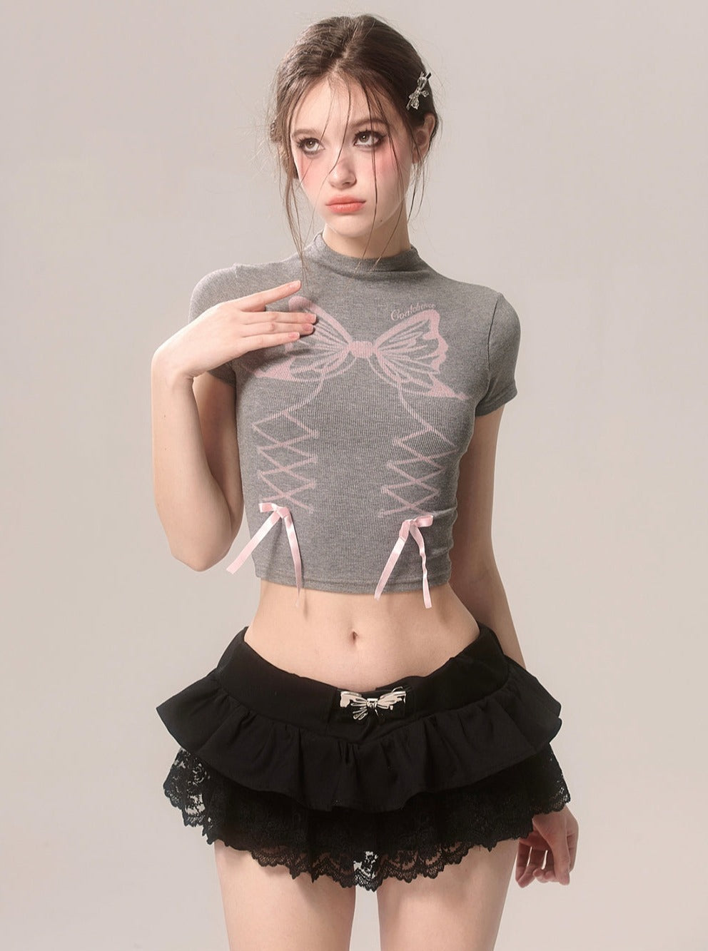 Gray White Butterfly Top