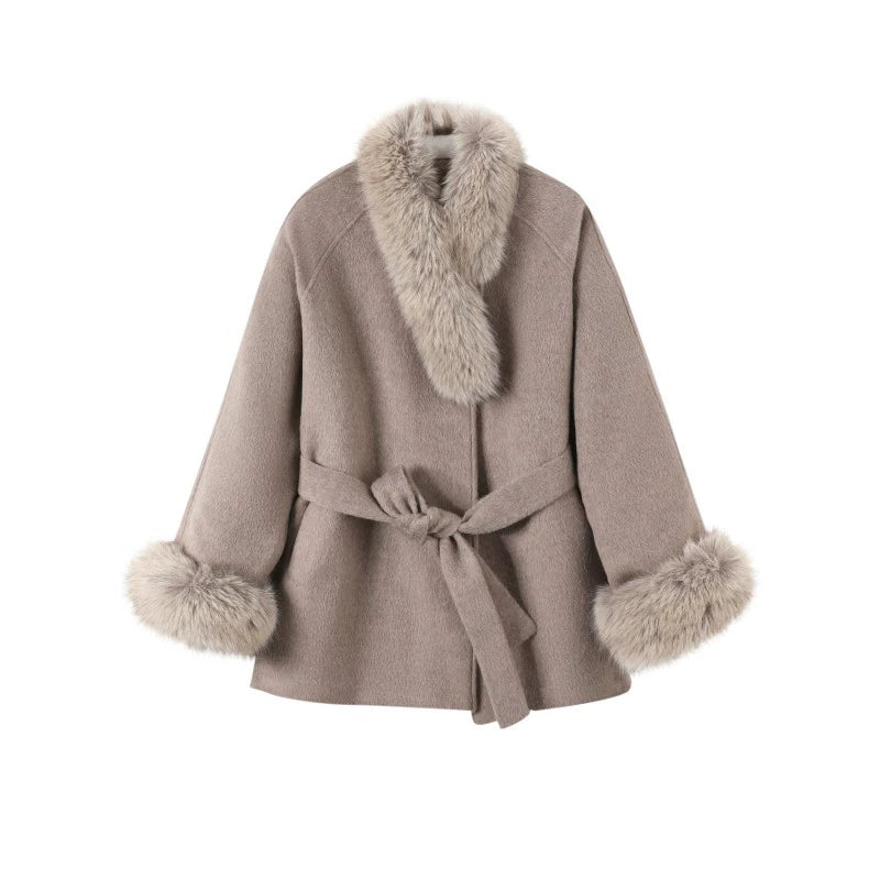 Fur Collar Lace-Up Coat Set-Up