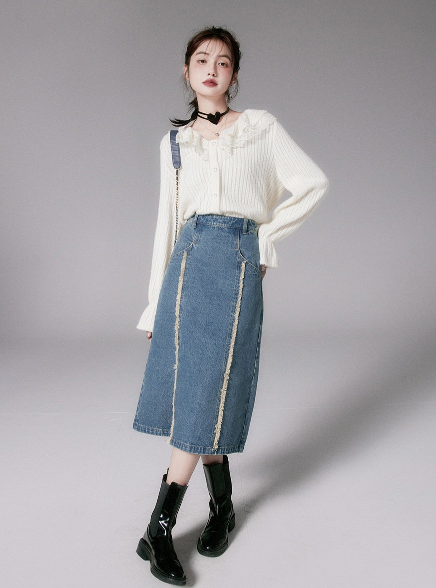 Retro raw denim skirt set