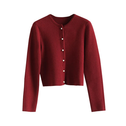 Round Neck Pearl Buckle Knitted Cardigan