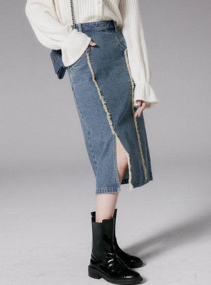 Retro raw denim skirt set