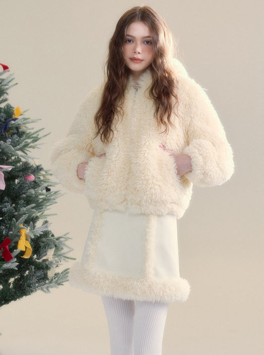 Warm eco-friendly fur coat + skirt set