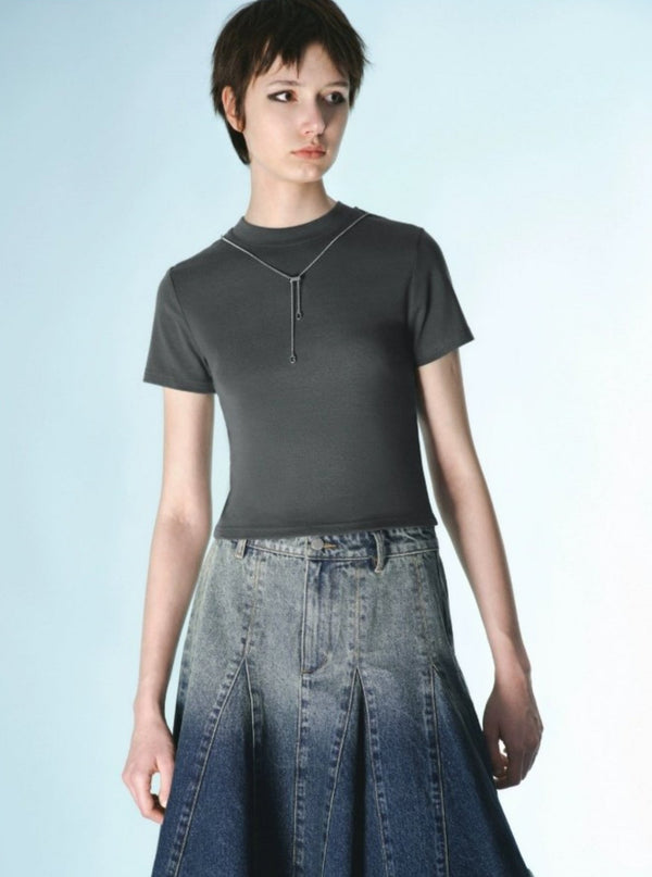 Embellished Chain Crew Neck Slim Short T-Shirt