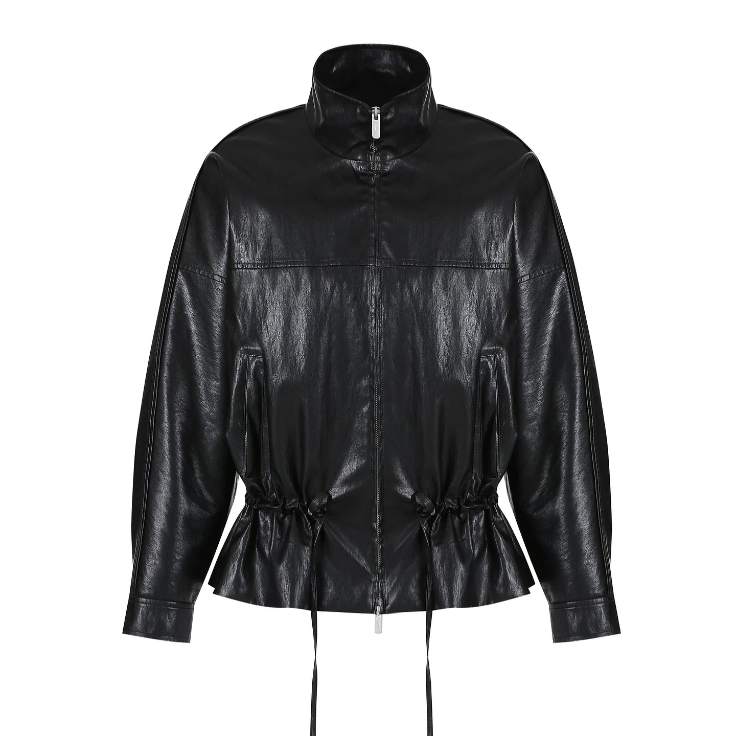 Black Leather Drawstring Jacket