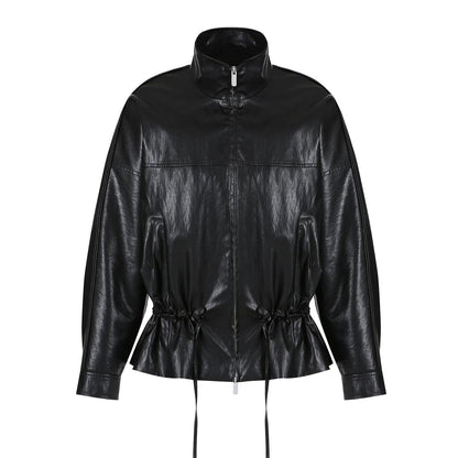 Black Leather Drawstring Jacket