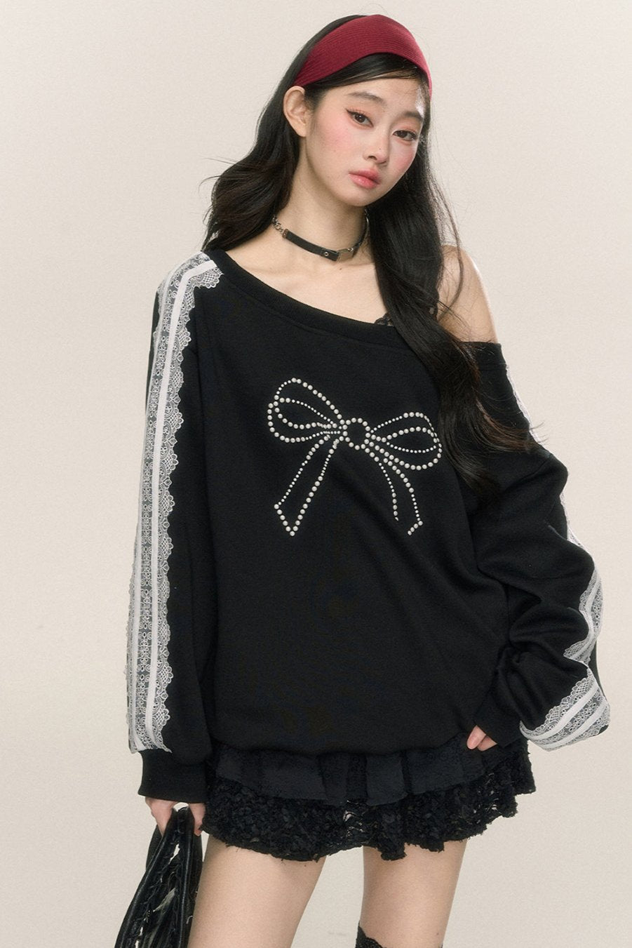 Less eyes [September 26 at 20 o'clock on sale] Less eyes bow fantasy loose slanted shoulder sweatshirt women's early autumn