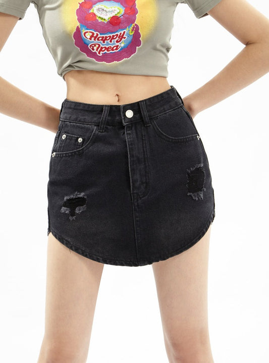 Vintage Versatile Plus Inner Hole Denim Skirt