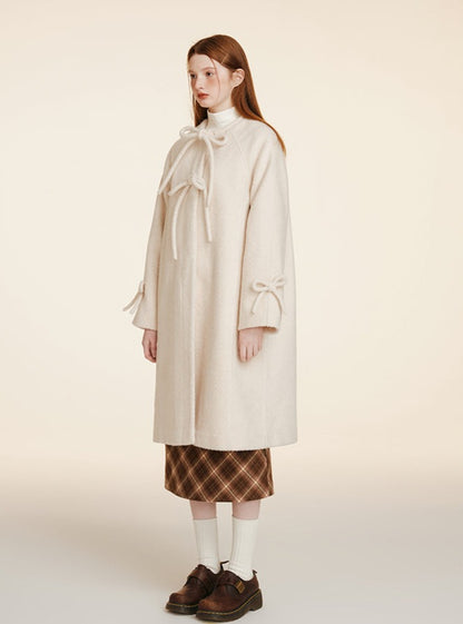 WHITE-RED HOOP TWEED WOOLEN COAT