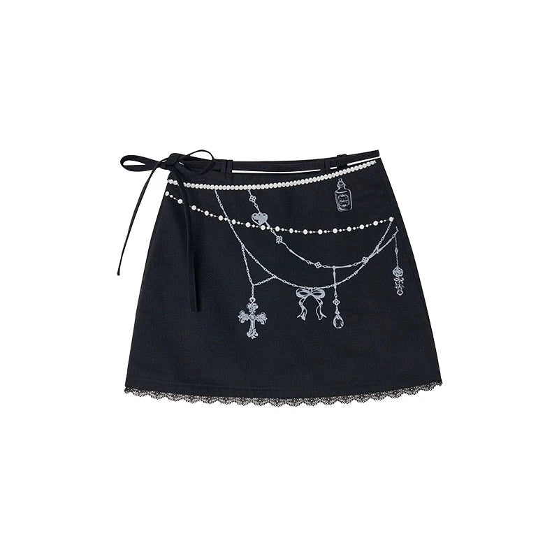 Pearl Necklace Lace Panel Slim Skirt