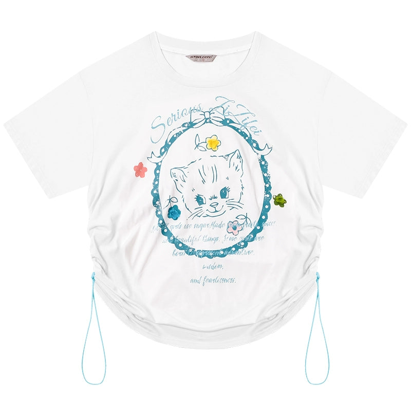 Loose Cat Print Drawstring T-Shirt