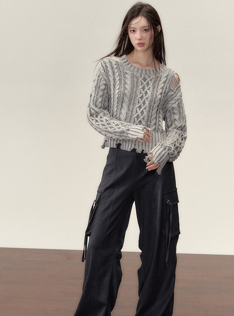 Crewneck ragged  languid knit pullover Top