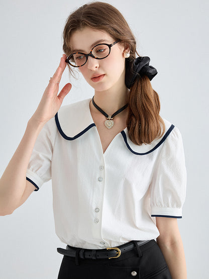 Elegant Contrast Lapel Short Sleeve Top