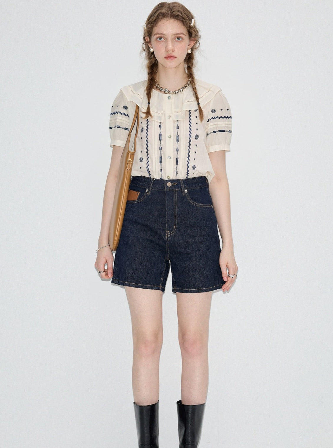 Embroidered Shirt & Denim Shorts Set-Up