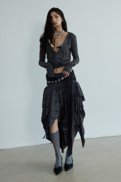 DARK STRAY DISTRESSED KNITTED T SKIRT SET