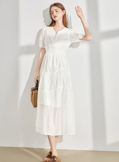 French Elegant V-Neck Puff Sleeve Dress