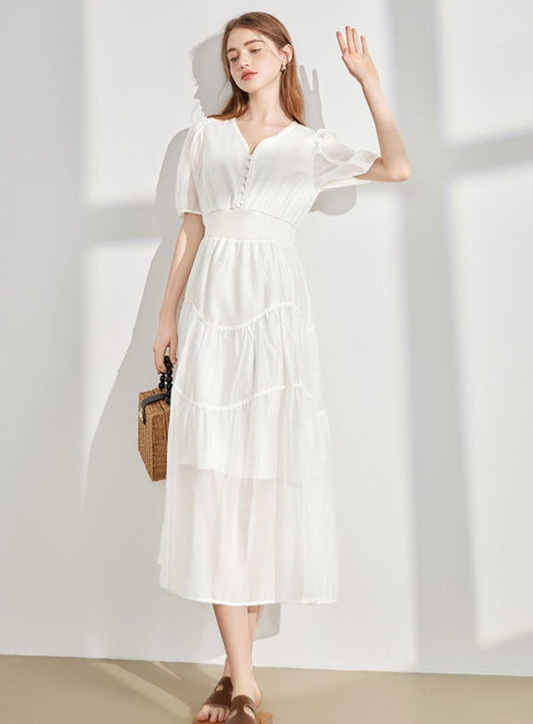 French Elegant V-Neck Puff Sleeve Dress