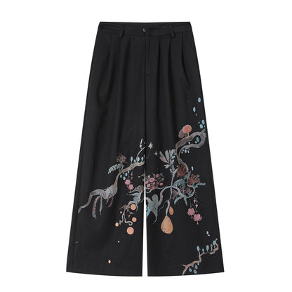 Hand-Painted Floral Wide-Leg Pants