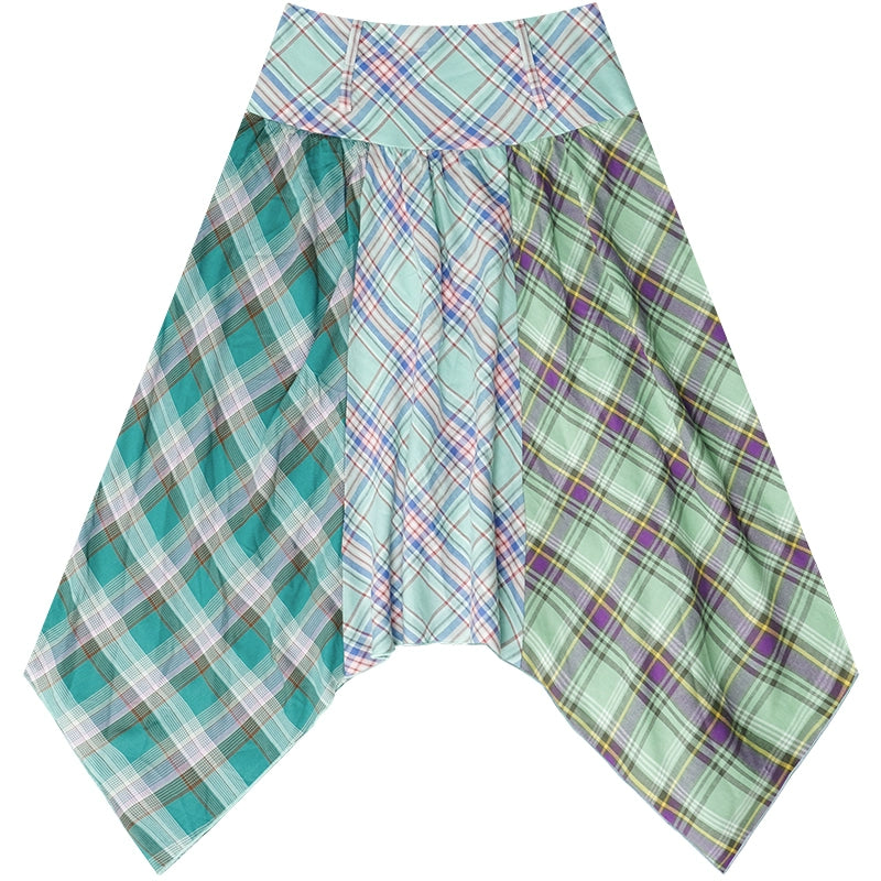 Irregular Contrast Green Plaid Skirt