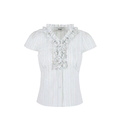 Color-Block Striped Ruffled Blouse