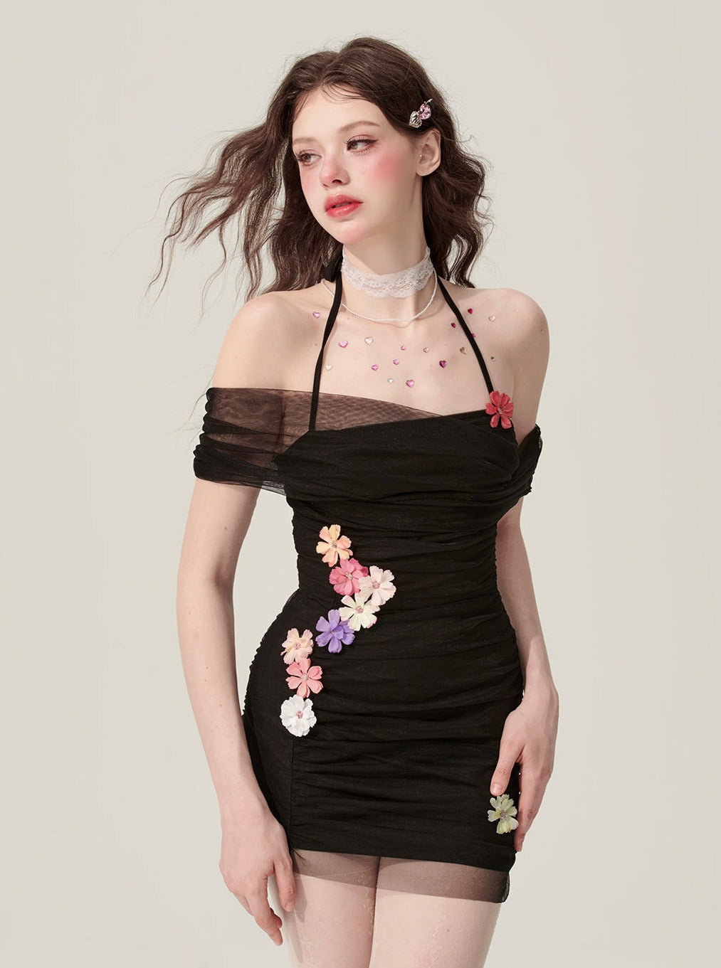 Floral Halterneck Sleeveless Mesh Dress