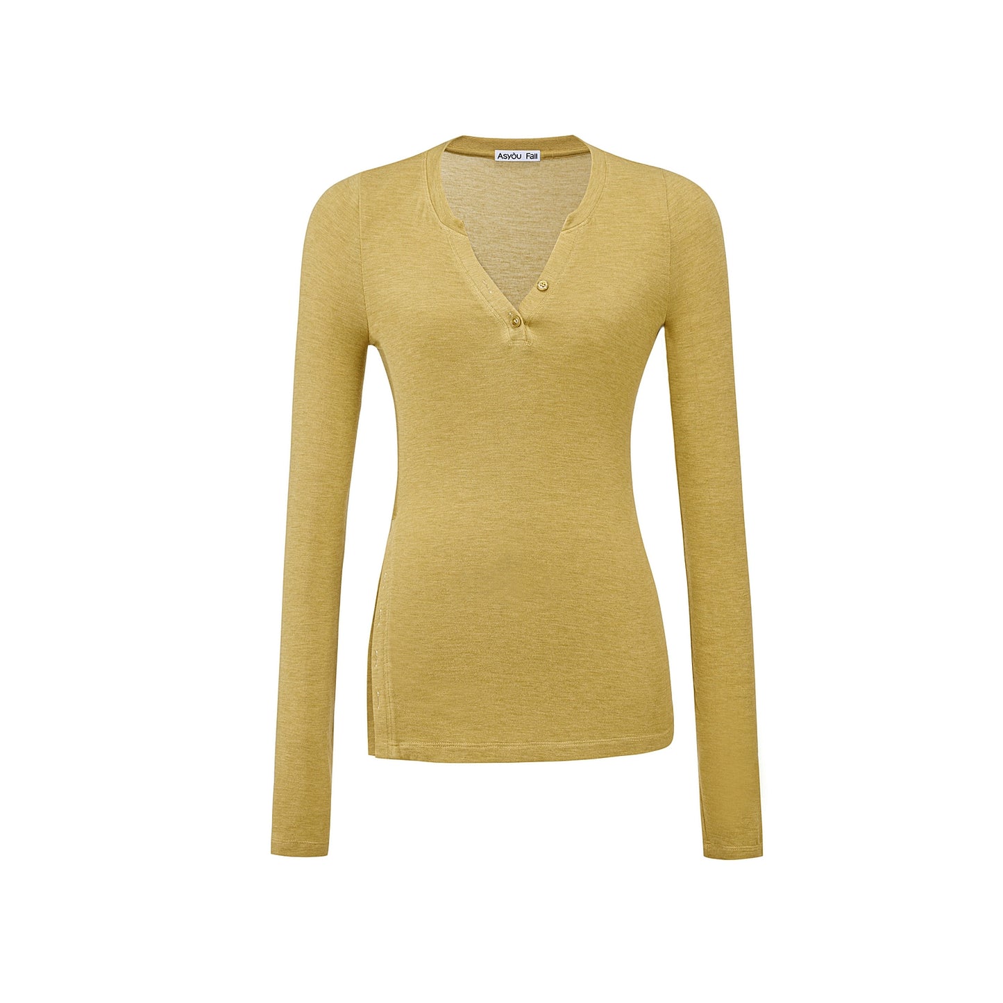 V-Neck High Slit Long Sleeve Slim Top