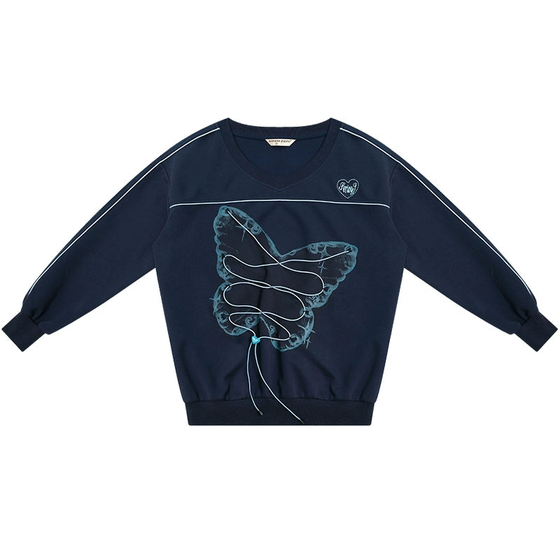 Retro Sporty V-Neck Butterfly Sweatshirt