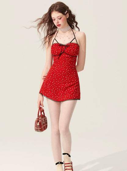 Red Halterneck Floral Dress