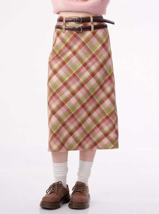 High-waisted check mid-length plaid Skirt