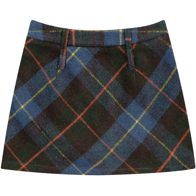 american retro high waist blue plaid skirt