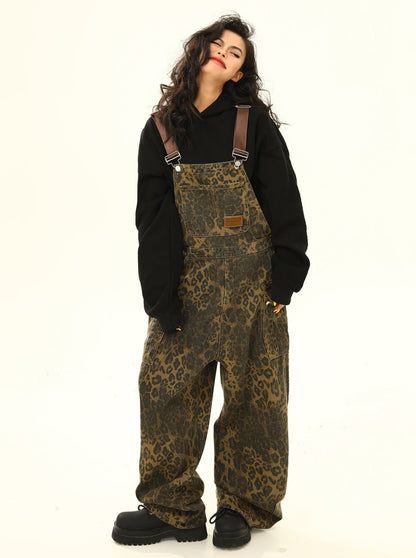 American retro leopard print cargo pocket bib pant