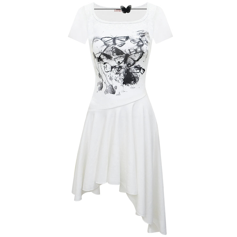 Butterfly Print Irregular Pleated Dress