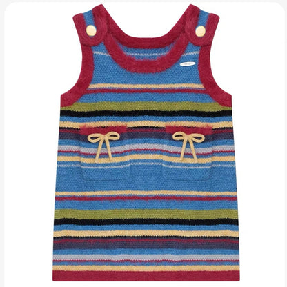 American Retro Striped Bow Knitted Vest Dress