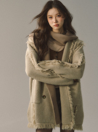 Mid-length hooded detachable knitted coat