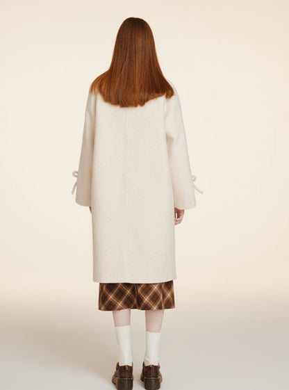 WHITE-RED HOOP TWEED WOOLEN COAT