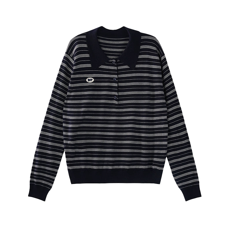 DESIGNER PLUS Contrasting Vintage Striped Knitted Polo Shirt Fall 2024 Cashmere Soft Pullover Sweater