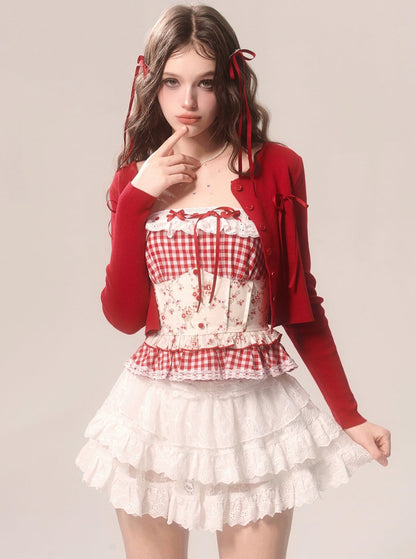 Red Cardigan With Red Checked Suspender Vest Set-Up