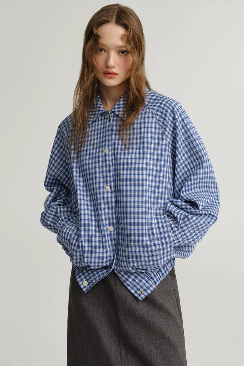 DESIGNER PLUS VINTAGE BLUE PLAID JACKET SHIRT WOMEN'S AUTUMN NEW CASUAL WAIST SHIRT SHORT JACKET