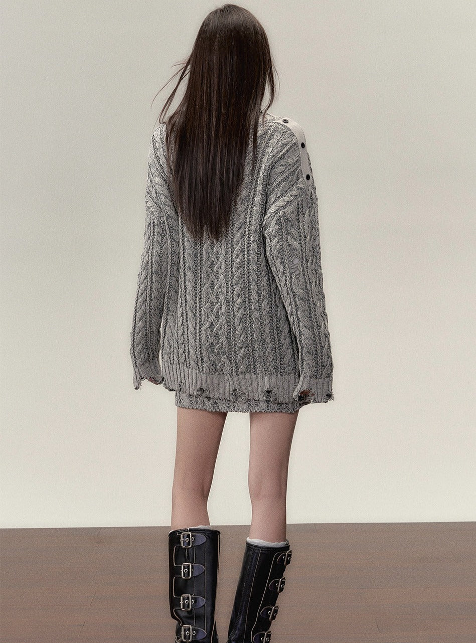 Midi slouchy knitted cardigan with skirt set