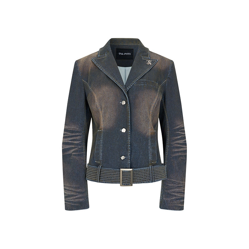 Wide Belt Cinched Denim Casual Jacket Set-Up