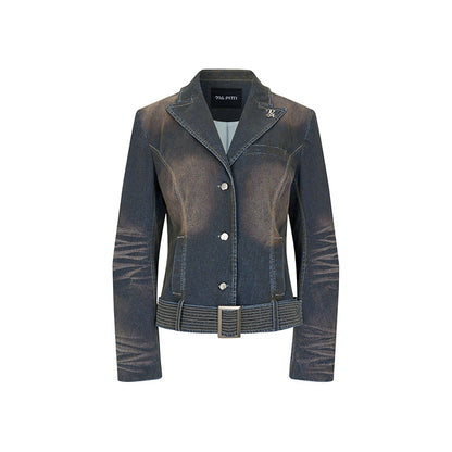 Wide Belt Cinched Denim Casual Jacket Set-Up