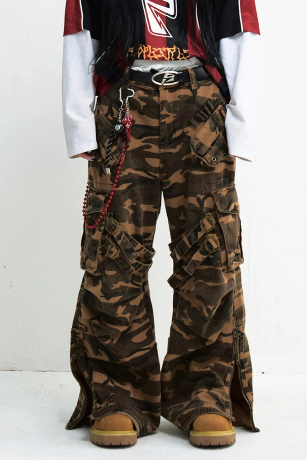 PEOPLESTYLE Army Green Camouflage Tactical Straight Cargo Pant American Retro Vibe Loose Casual Pants