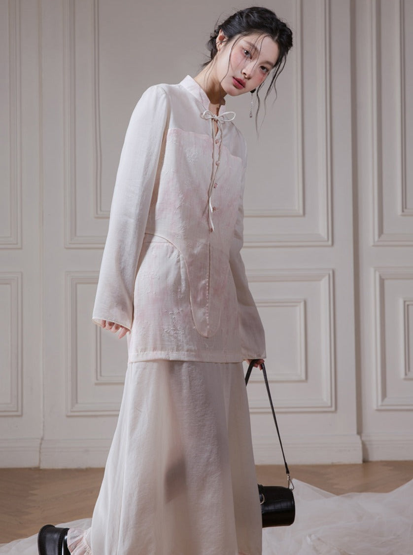 Chinese Spliced Shirt With Skirt Set