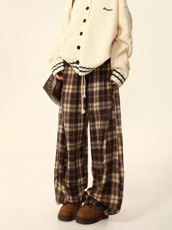 Vintage Plaid Loose Wide Legs Casual Long Pants