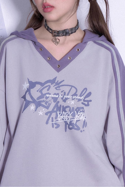 Gray Purple Loose Hooded Sweatshirt