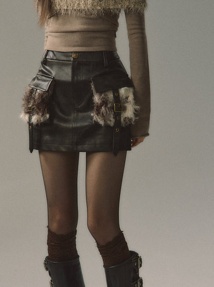 black fur patchwork leather skirt