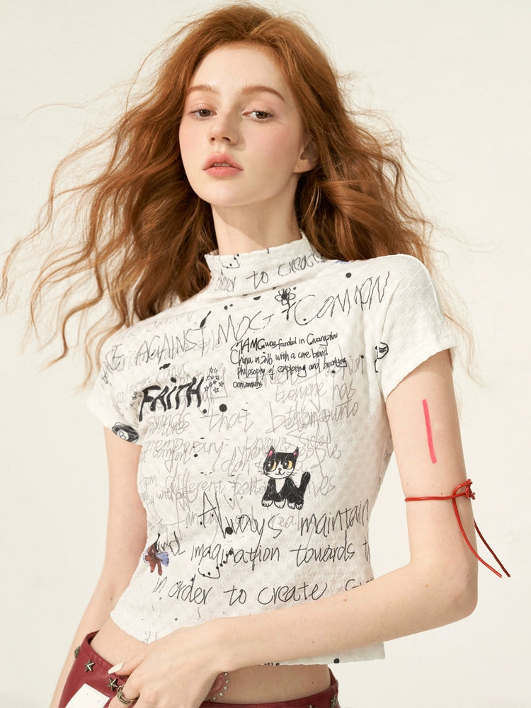 Hals Graffiti T-Shirt mit kurzen Ärmeln