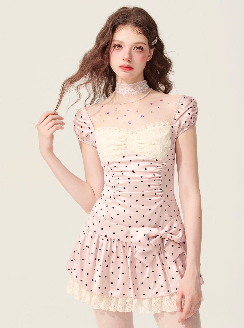 Weniger auch Auge Pulver Nebel Prise weiß rosa Kleid Frauen Sommer Taille a-line dünne Polka Dot Französisch süßen Rock